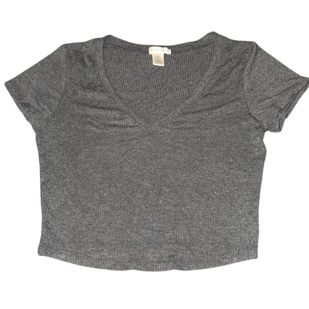 Bozzolo Womens V-Neck Ribbed Knit Short Sleeve Crop Top Gray RT52610 Large‎